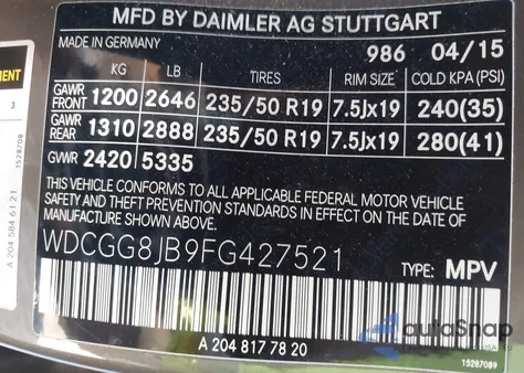 2015 Mercedes-Benz Glk 350 4Matic from USA, damaged, VIN WDCGG8JB9FG427521
